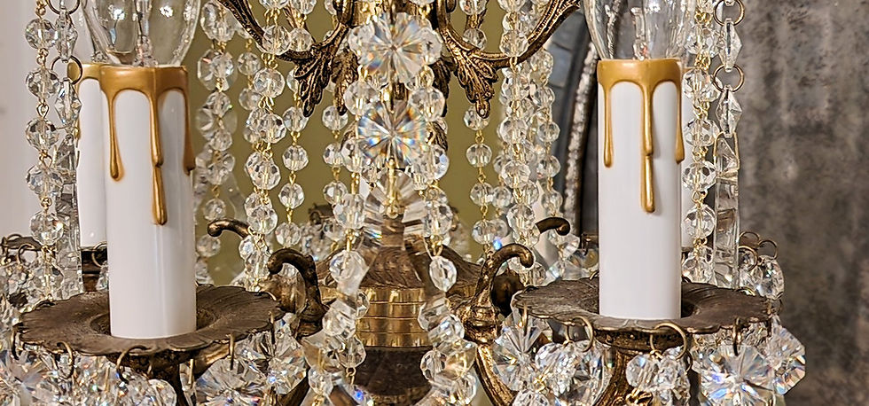 Thumbnail: Vintage Small Five Light Brass and Crystal Chandelier
