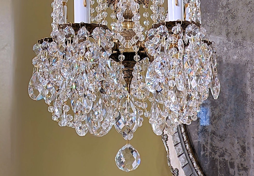Thumbnail: Vintage Small Five Light Brass and Crystal Chandelier