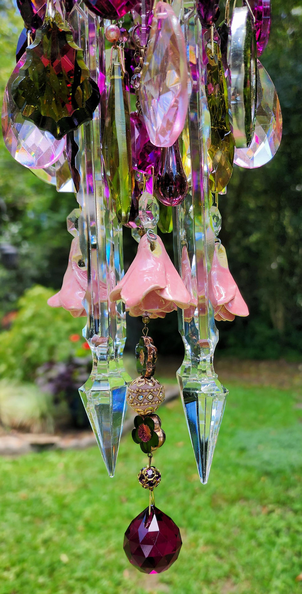 Thumbnail: Magenta, Pink, Olive and Rose Antique Crystal and Roses Wind Chime