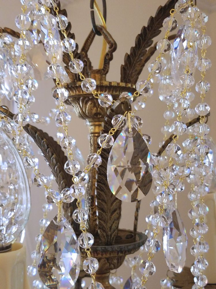 Thumbnail: Antique Petite Brass and Crystal Chandelier