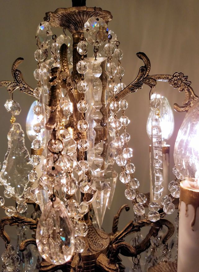 Thumbnail: Antique Brass and Crystal Petite Chandelier ~ 4 Light