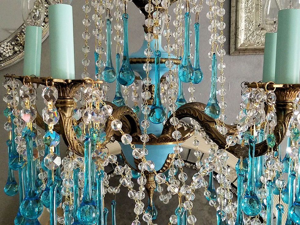 Thumbnail: Antique Aqua Crystal and Brass Chandelier