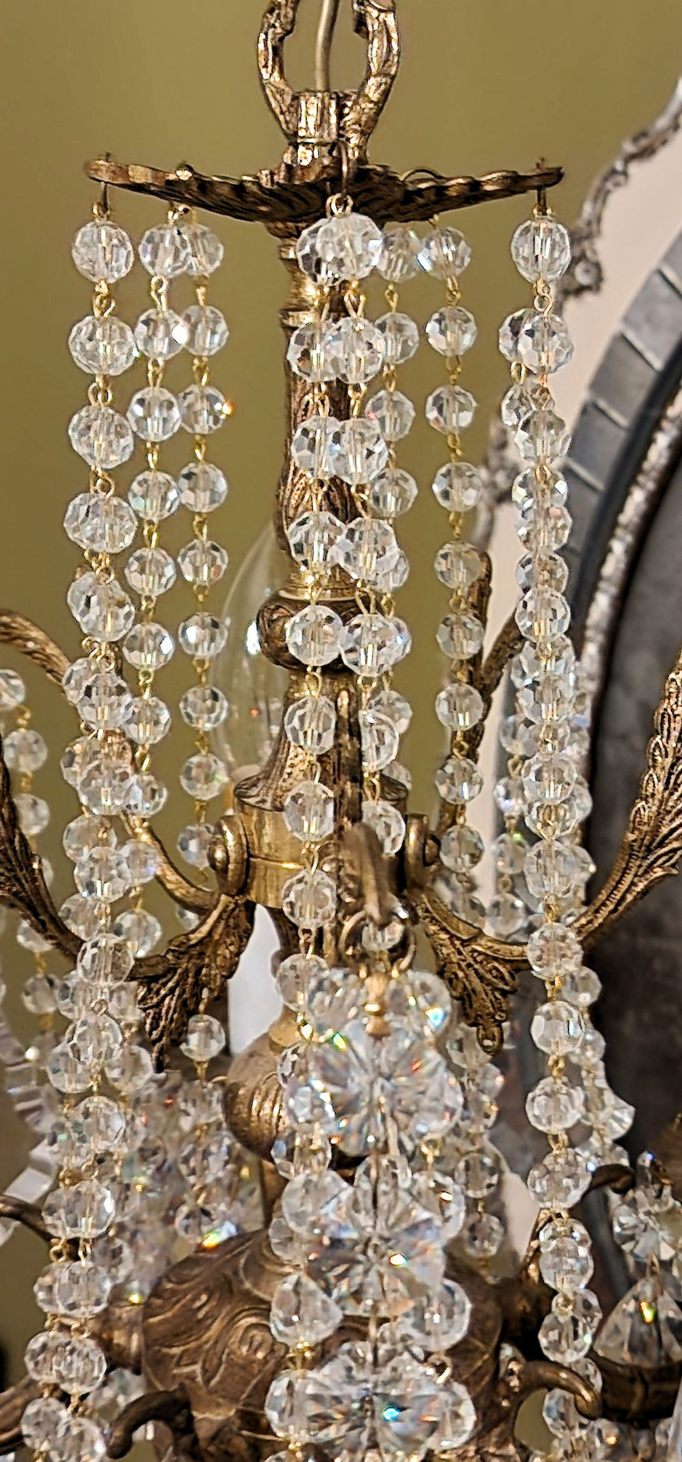 Thumbnail: Vintage Small Five Light Brass and Crystal Chandelier