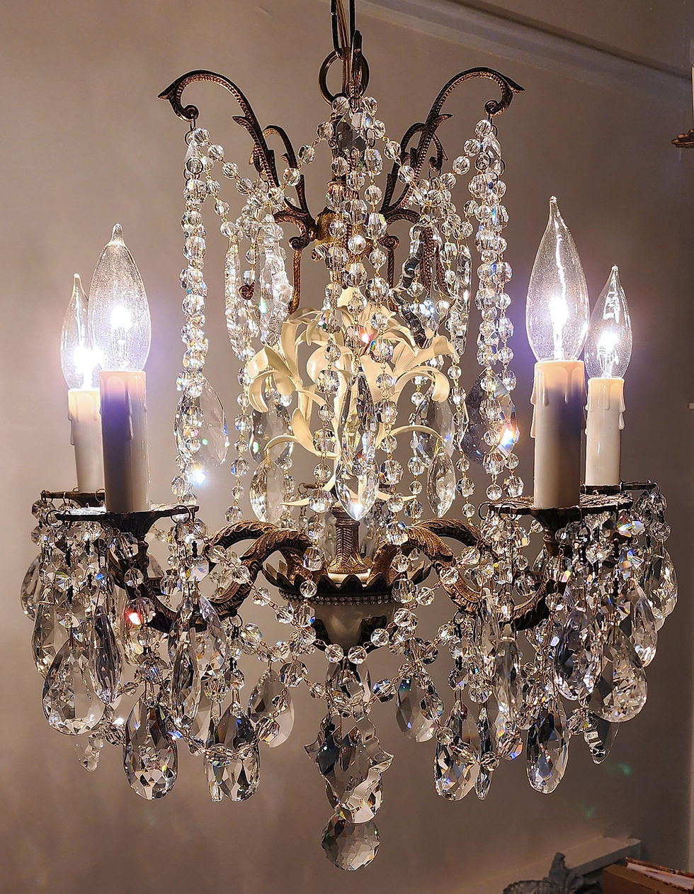 Thumbnail: Vintage French Brass and Tole Petite Chandelier