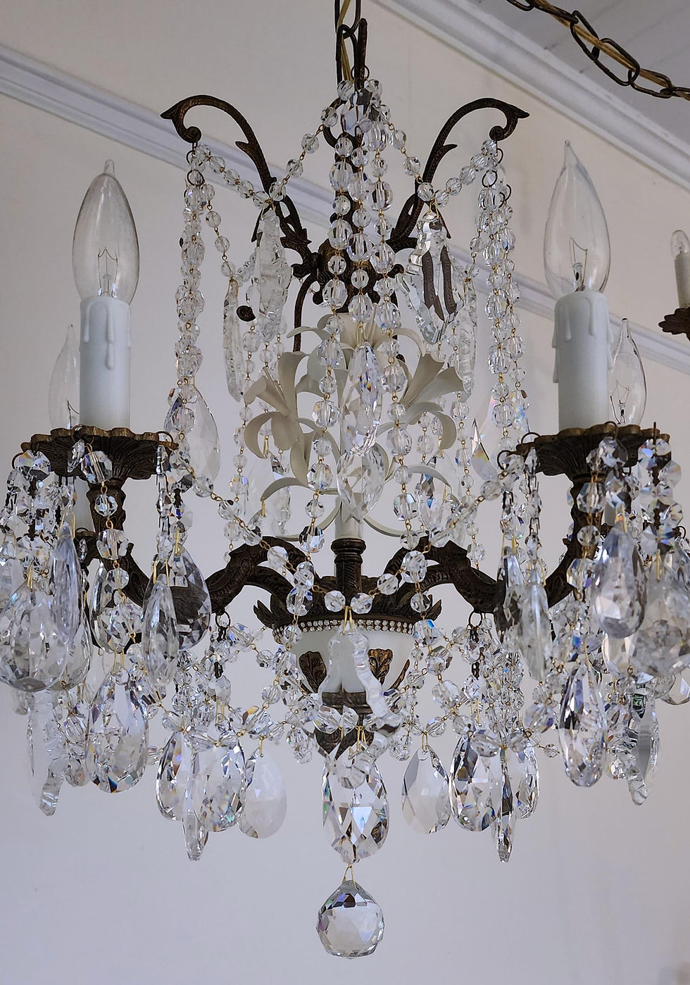 Thumbnail: Vintage French Brass and Tole Petite Chandelier
