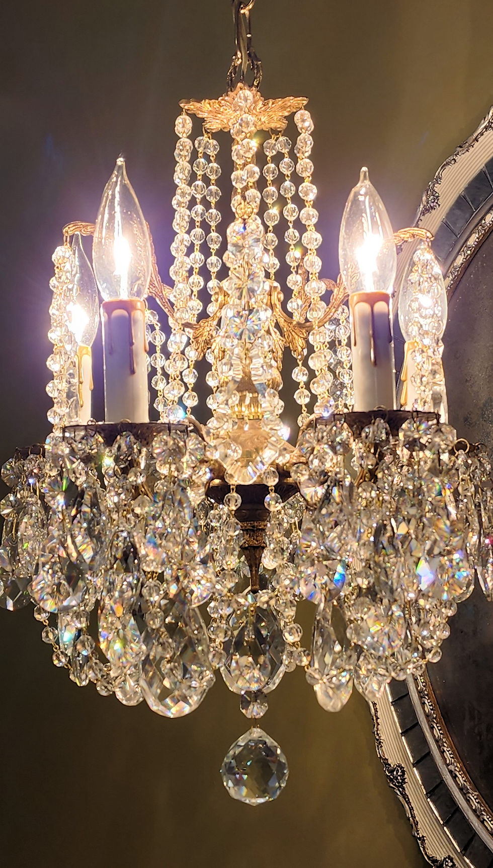 Thumbnail: Vintage Small Five Light Brass and Crystal Chandelier