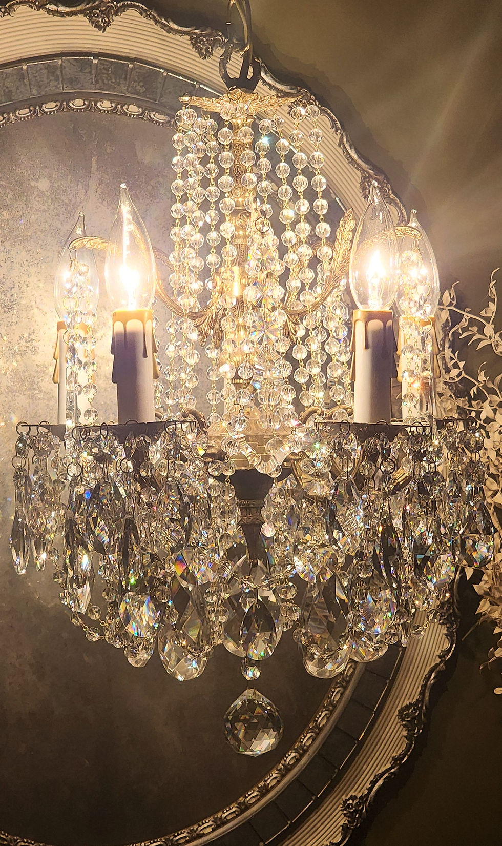 Thumbnail: Vintage Small Five Light Brass and Crystal Chandelier