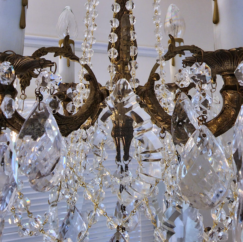 Thumbnail: Antique Petite Brass and Crystal Four Light Chandelier