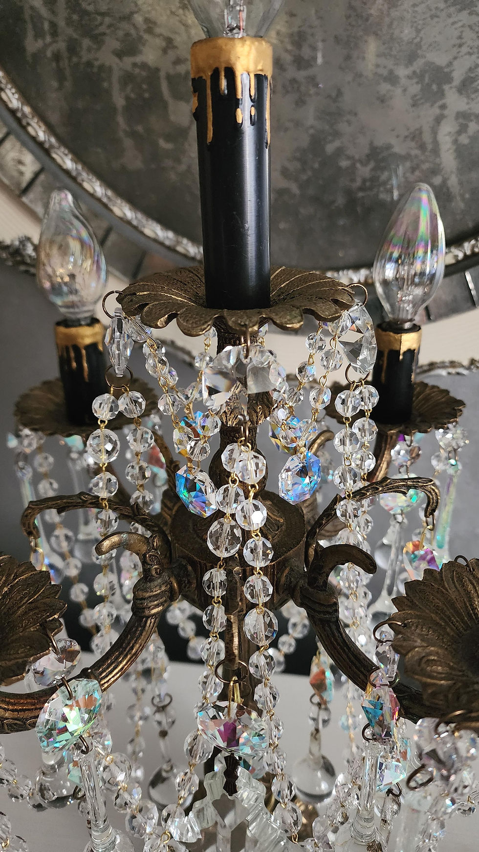 Thumbnail: Vintage Antique Brass and Crystal Candelabra, Table Chandelier