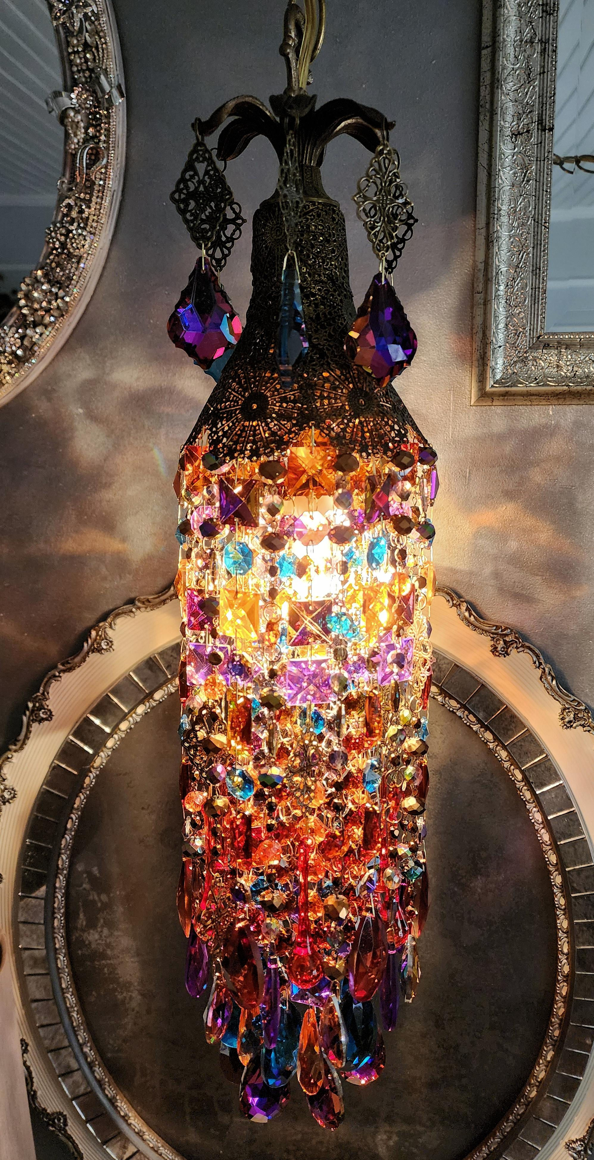 A Moroccan~Boho style crystal pendant chandelier