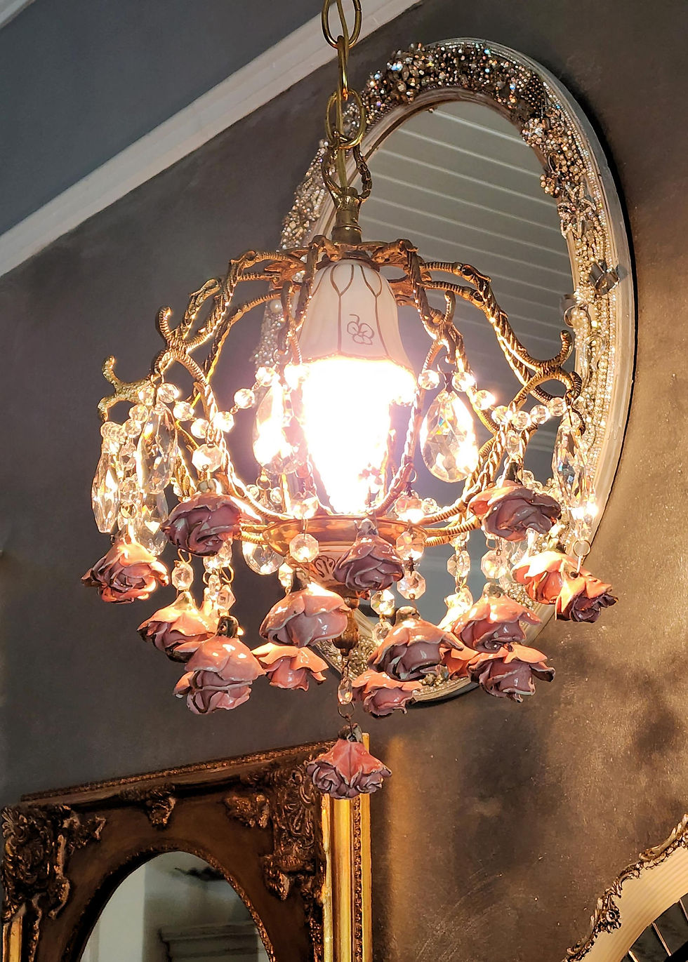 Thumbnail: Vintage Porcelain Roses Basket Chandelier
