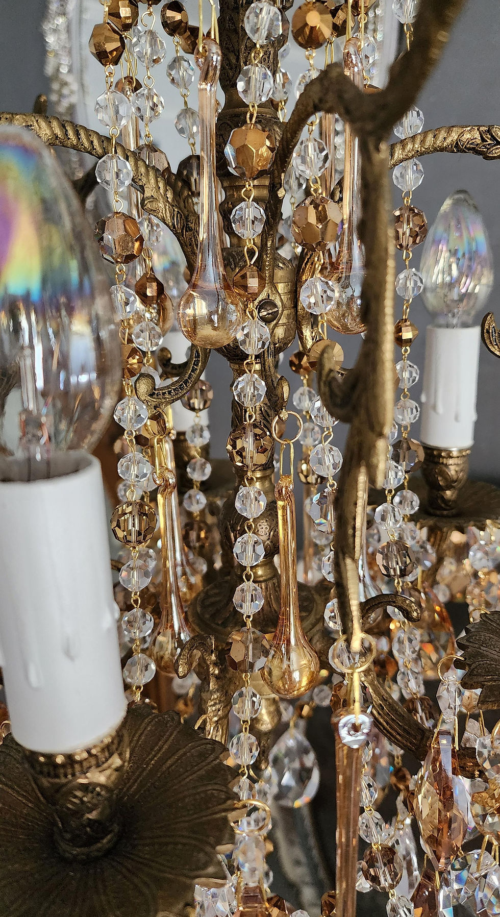 Thumbnail: Antique Petite Spanish Brass and Golden Champagne Crystal Chandelier