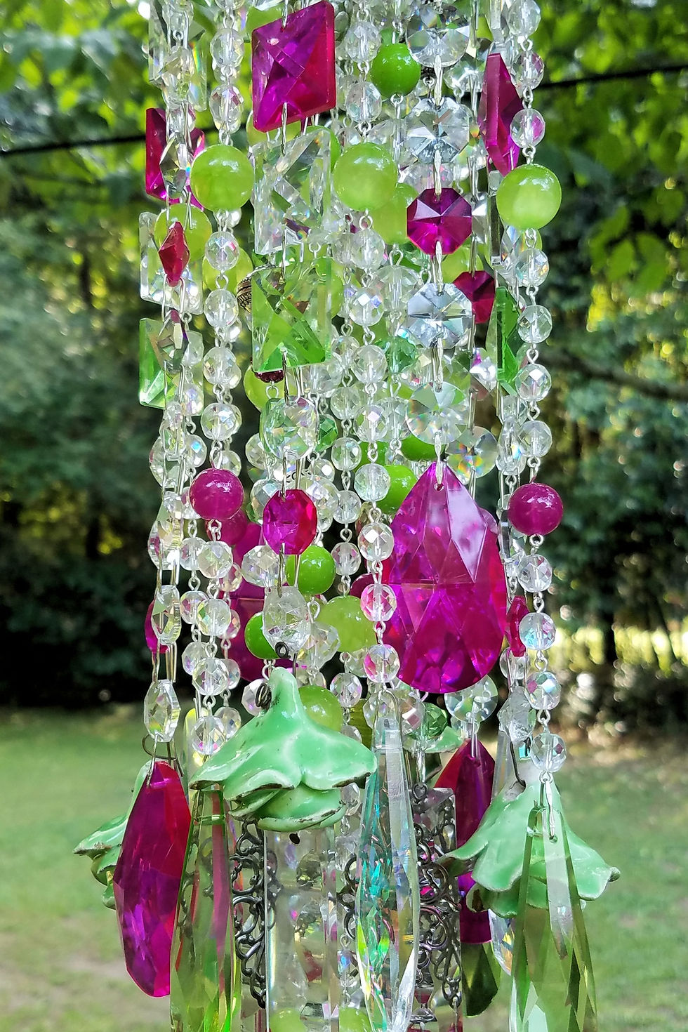 Thumbnail: Antique Green Roses and Hot Pink Crystal Wind Chime
