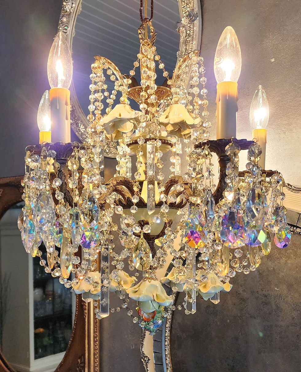 Thumbnail: Vintage Pale Yellow and Brass Roses Chandelier
