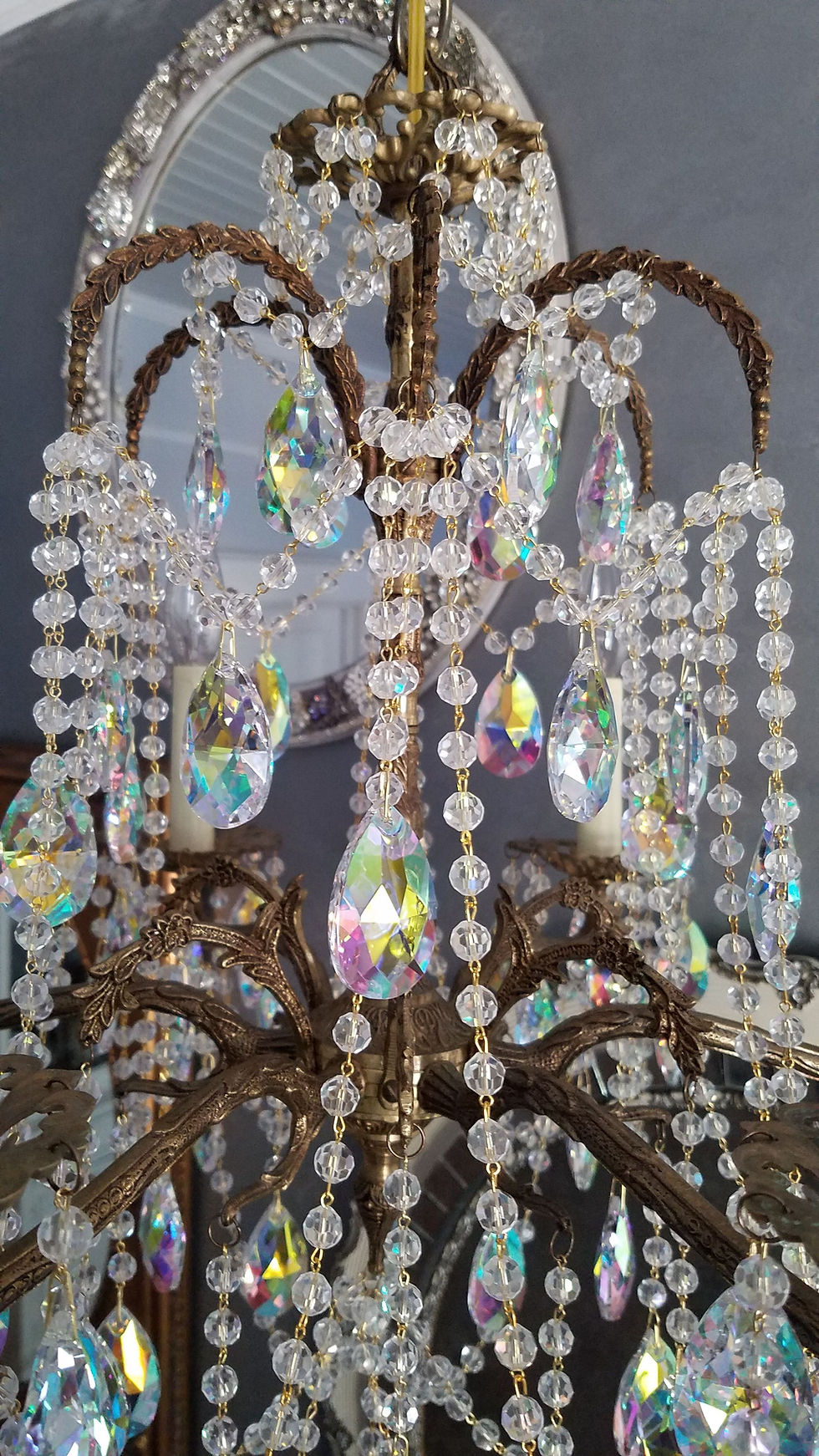Thumbnail: Antique Spanish Brass and AB Crystal Chandelier