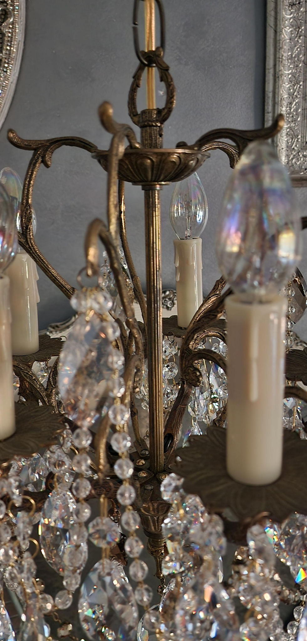 Thumbnail: Small Petite Cage-Style Brass and Crystal Five Light Chandelier