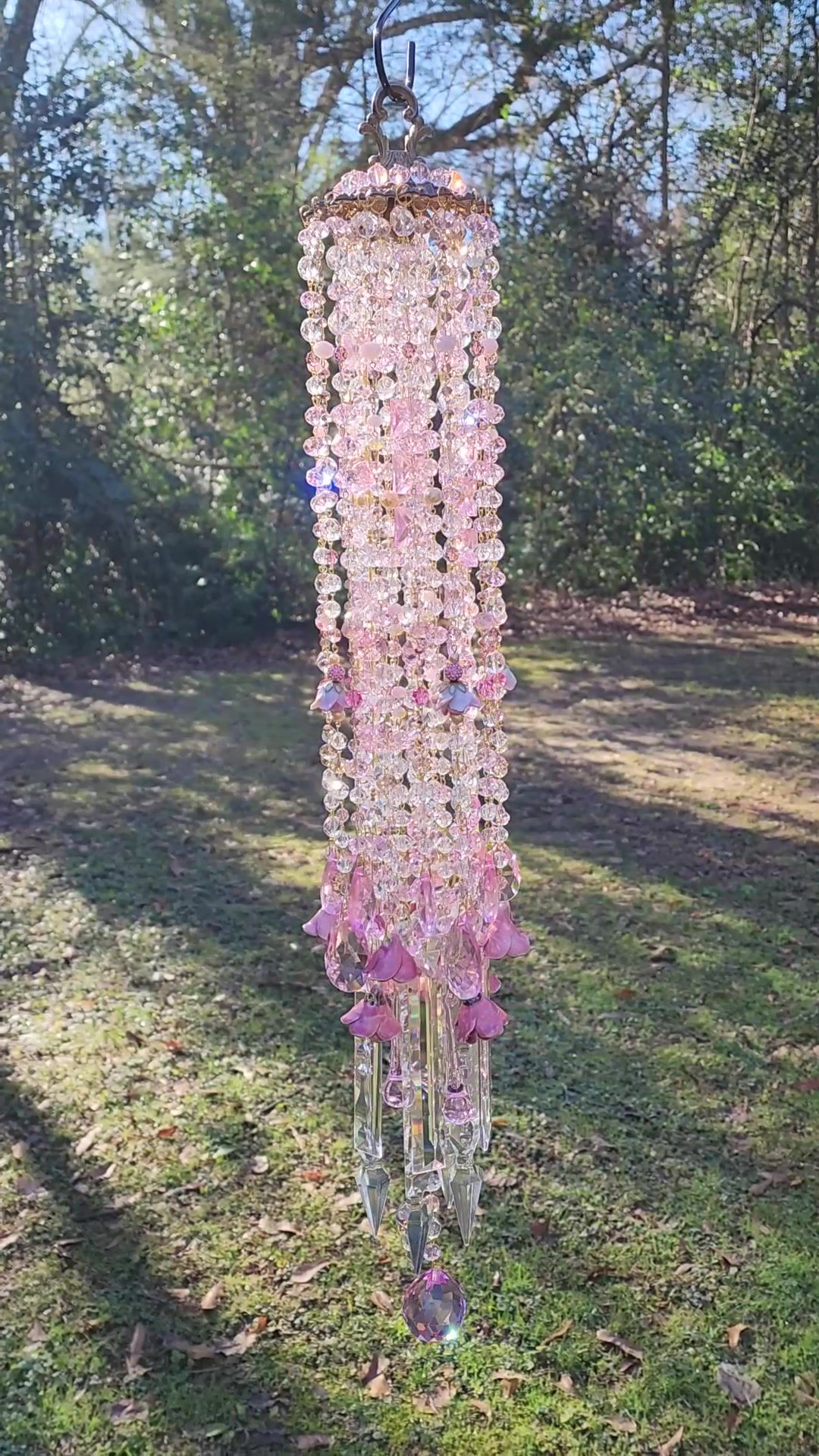 Pink Porcelain Roses Antique Crystal Wind Chime