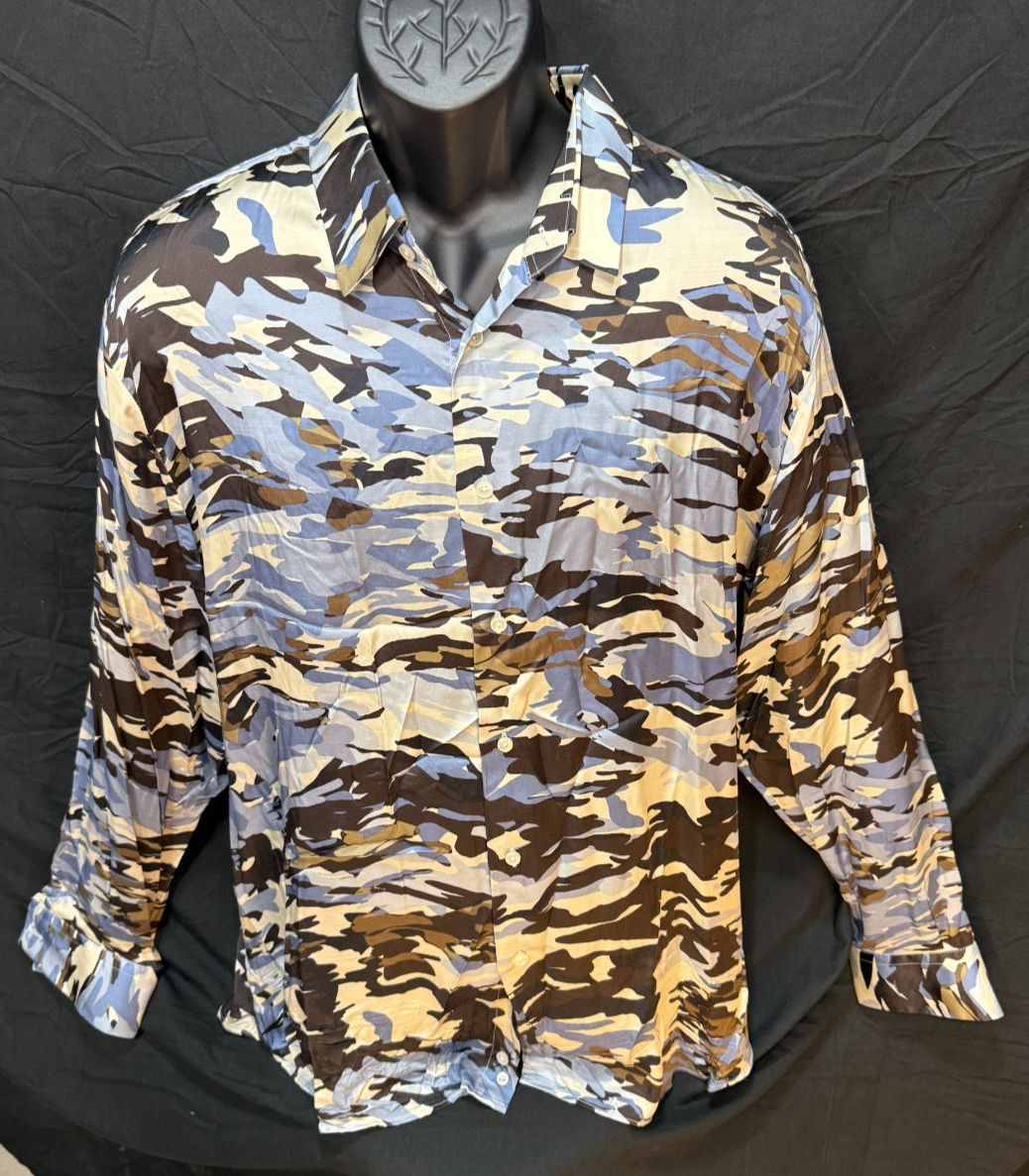 Saks Fifth Ave Viscose Beige/Blue/Brown Camo Dress Shirt 2XL