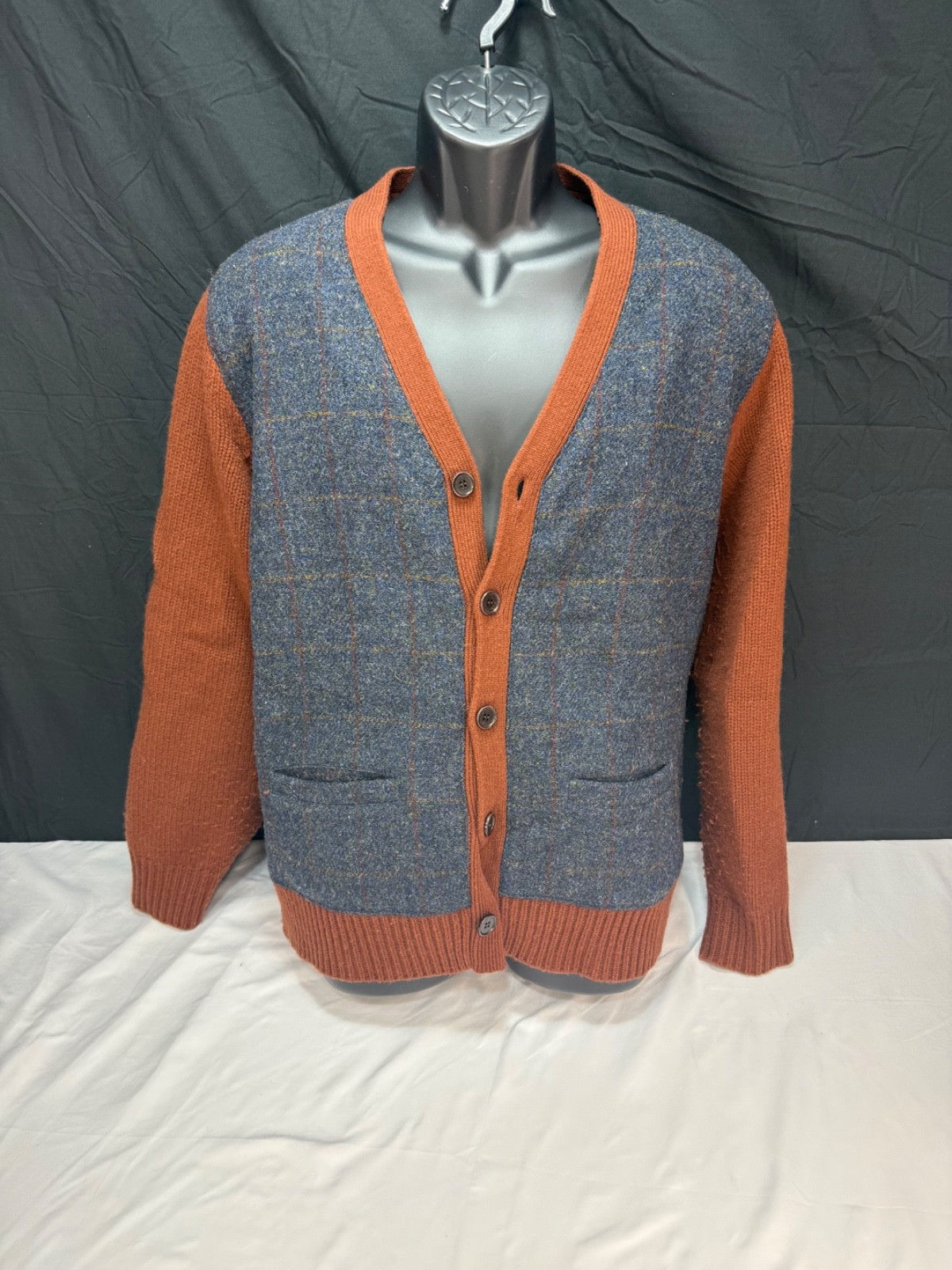 JCrew Men's Gray/Brown 100% Wool V-Neck with Harris Tweed Cardigan Panel XL