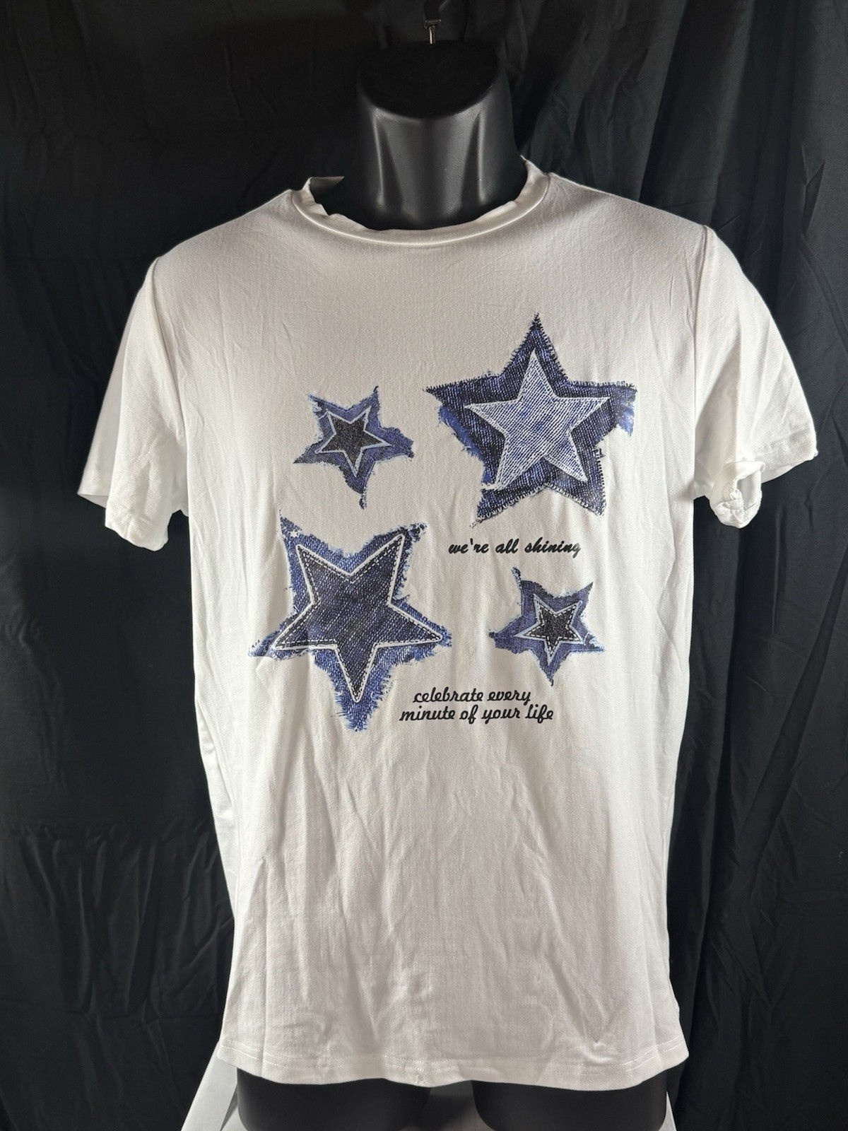 Girls White T-shirt With Denim Colored Stars Size 16Y White