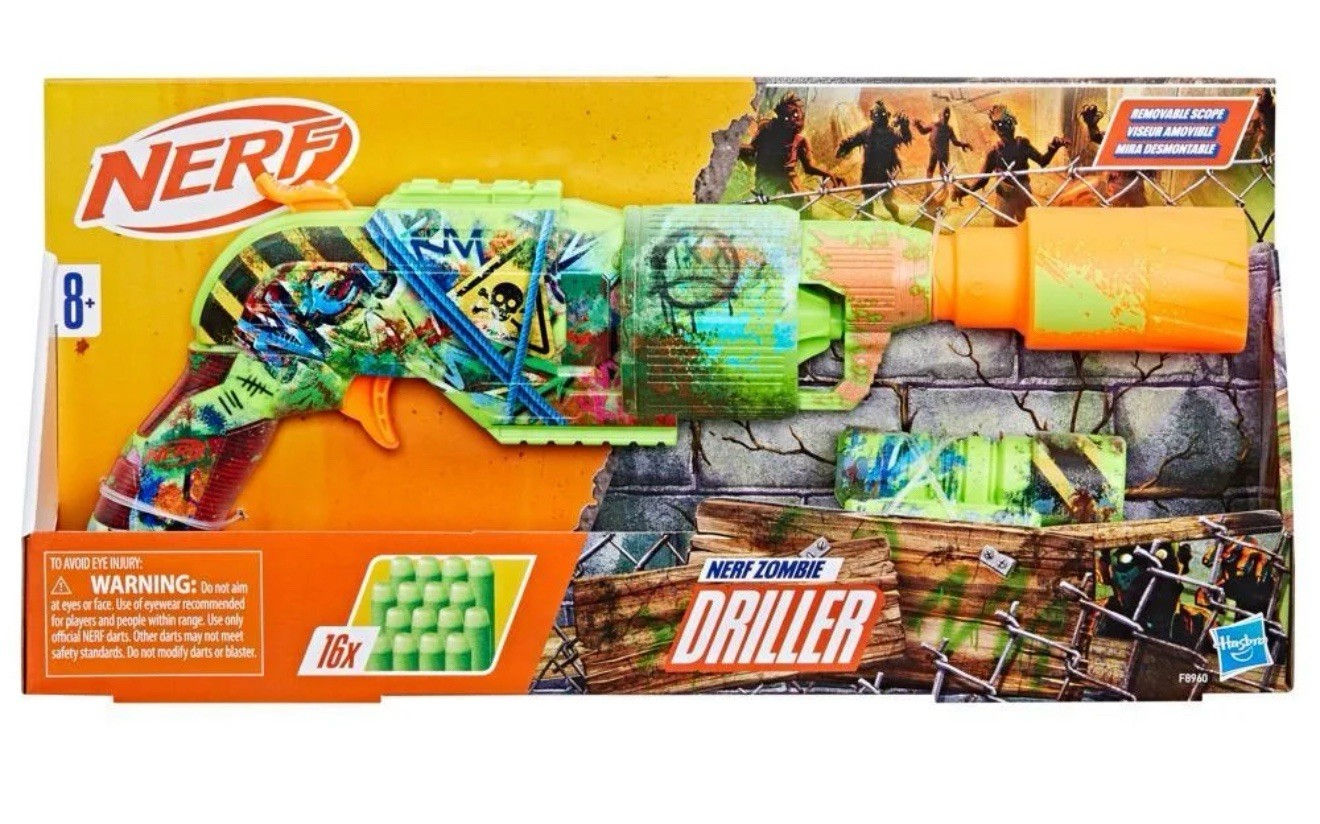 NERF Zombie Driller Dart Blaster, 16 Nerf Elite Darts Rotating 5 Dart Cylinder