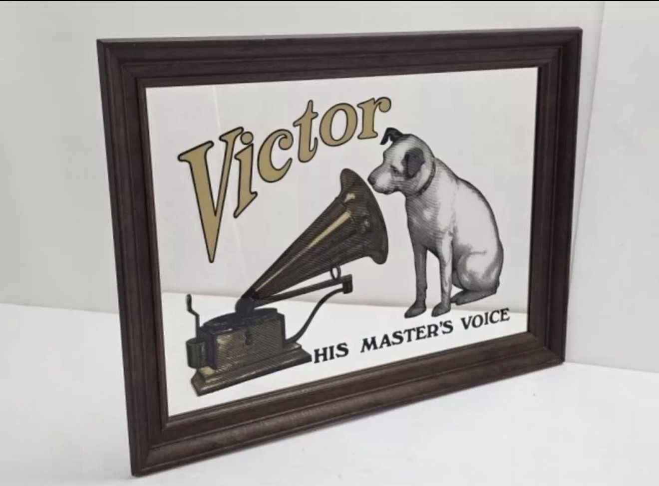 Vintage RCA Victor Framed Advertising "His Master's Voice" Mirror Nipper Dog