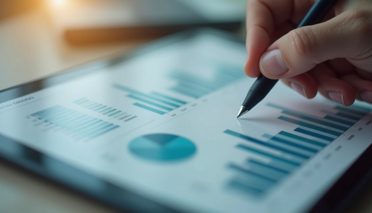 Eye-level view of a digital tablet displaying financial data charts