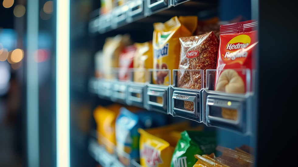 Eye-level view of a modern vending machine stocked with snacks