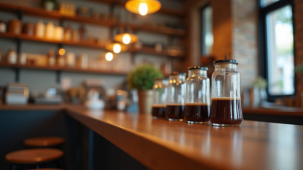 Eye-level view of a coffee shop counter with various coffee blends