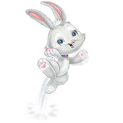 Zozo the bunny, a little gray rabbit cartoon character in the illustrated kids book series Travels with Zozo, jumping and waving hello