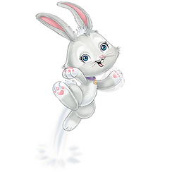 Zozo the bunny, a little gray rabbit cartoon character in the best of 2022 illustrated kids book series Travels with Zozo, jumping and waving hello