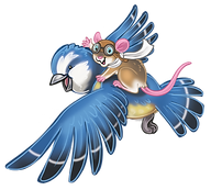 Illustrated cartoon image of a mouse wearing goggles riding a bluejay bird. The image is from a page of the Travels with Zozo…and the Giant Rabbit children's picture book which is set in Bruges, Belgium. The story is popular with preschool, kindergarten, 1st grade, and 2nd grade schoolkids. Anne Zimanski is the award-winning illustrator for the Travels with Zozo... kids' book series. A.J. Atlas is the author for the popular children's books.