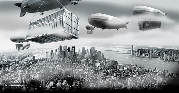 Ciudad Nueva York con contenedores volando agarrados de globos aerostaticos