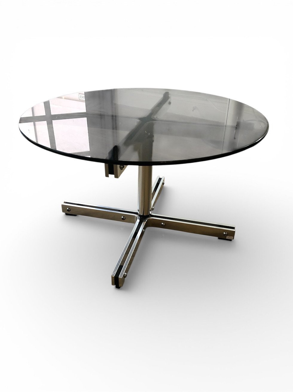 Thumbnail: Round Glass & Satin Steel 'X' Coffee Table by William Plunkett