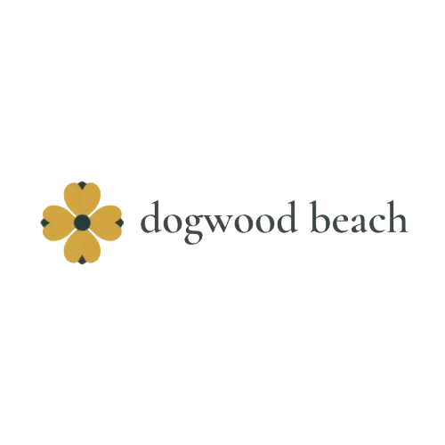 Digital logo graphic showing a stylized yellow flower and the text "dogwood beach" on a black background.