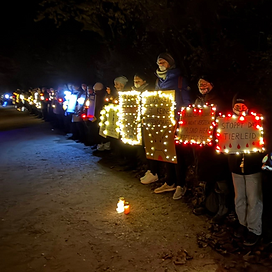 Hunderte Menschen stehen mit vielfältigen Schildern und Lichtern in einer Reihen