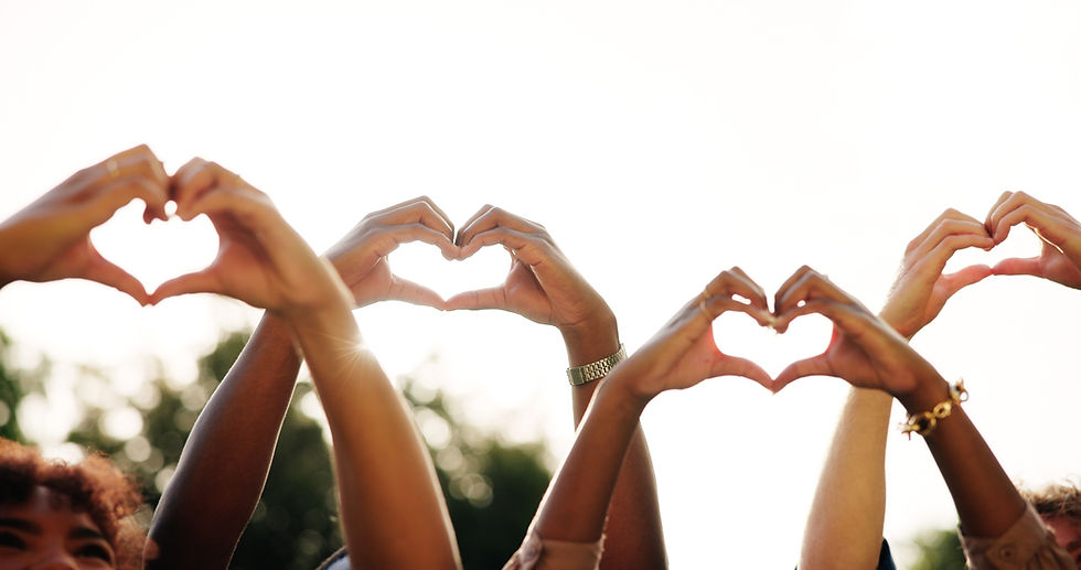 Friends, people and team with heart hands outdoor for love, care and thank you for charity