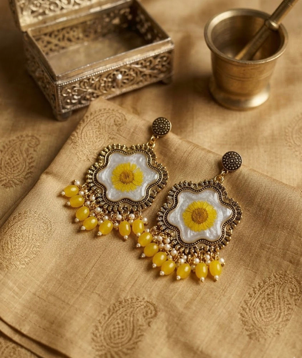 Yellow floral jhumkas