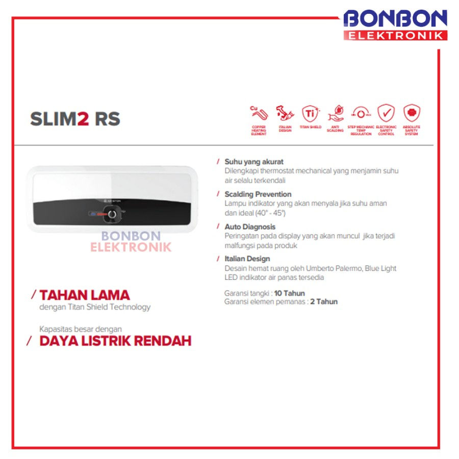 Thumbnail: ARISTON Water Heater 30 Liter Slim2 RS 350 Watt / SL2 30 RS / SLIM2