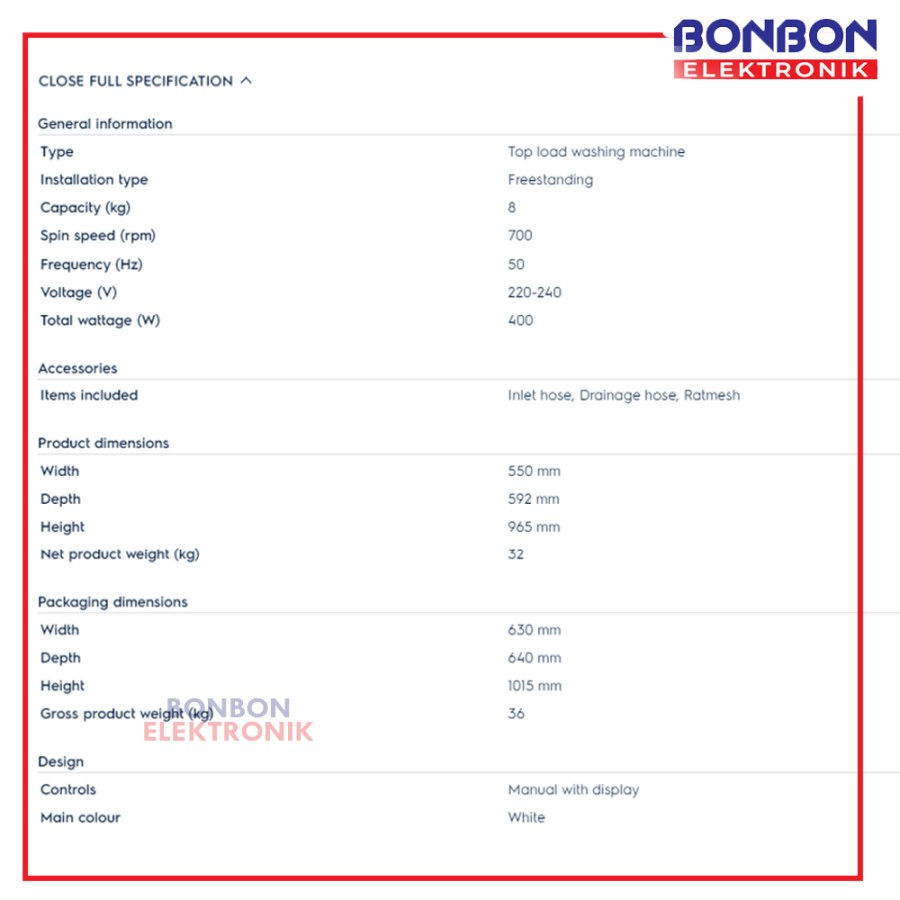 Thumbnail: Electrolux Mesin Cuci Top Loading 8kg EWT8078K6WA / EWT 8078K6WA