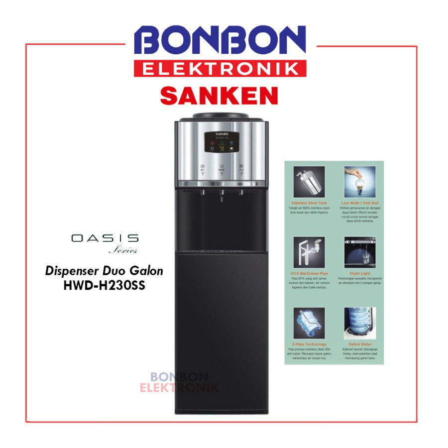 Sanken Dispenser Duo Galon HWD-H230SS / HWDH 230 Oasis Stainless Steel