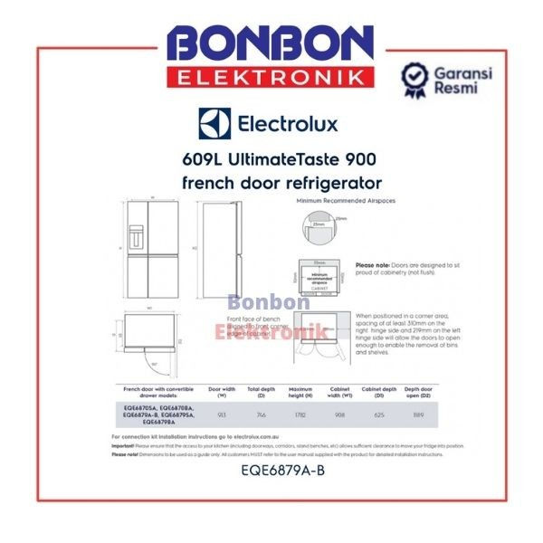 Thumbnail: Electrolux Kulkas French Door EQE6879A-B / Multi Door EQE6879AB 609L