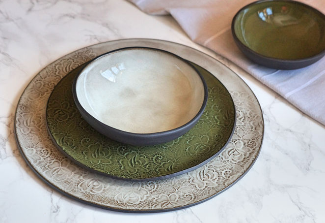 Green and White Handmade Ceramic Plates with Nesting Bowls