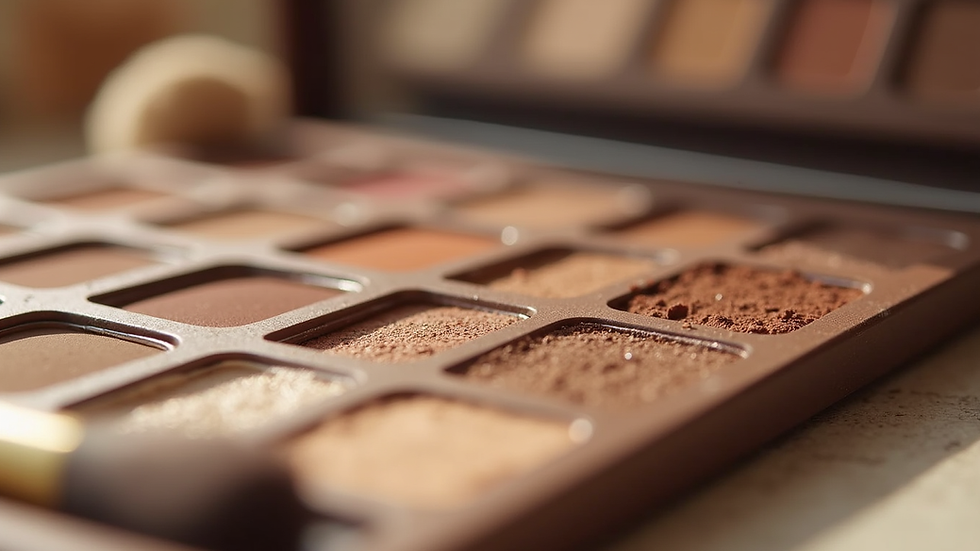 Eye-level view of a makeup palette with neutral brown and taupe shades