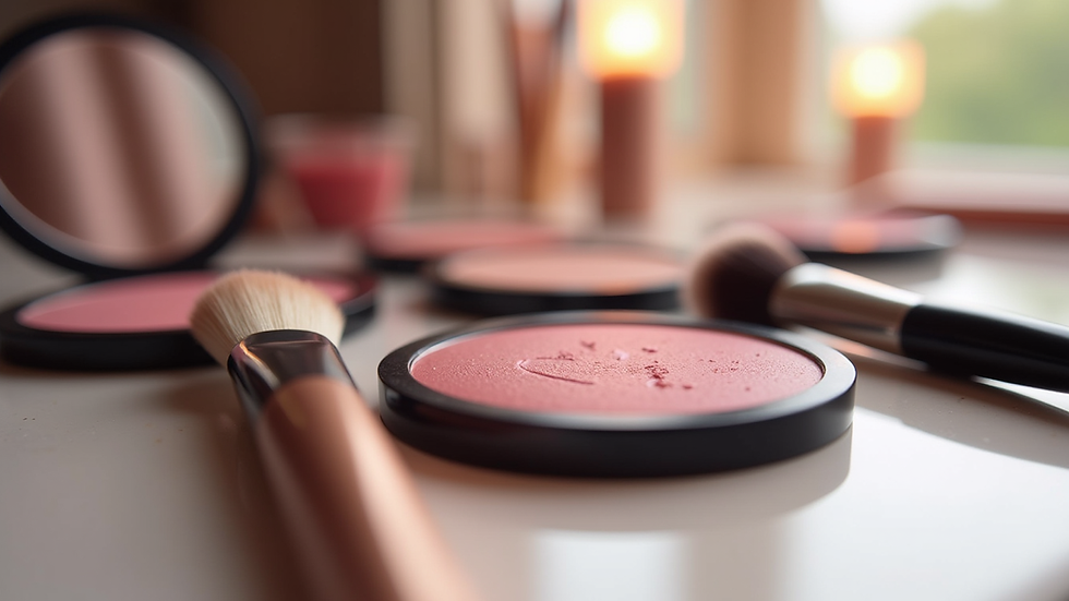 Close-up view of makeup brushes and blush palette on a vanity table