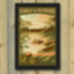Framed print featuring a man and dog in a canoe on a lake