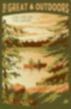 Retro art print featuring a man and dog in a canoe on a lake