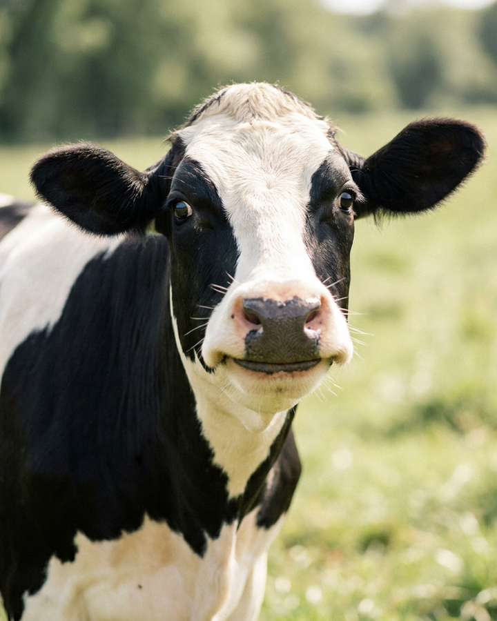 Portrait of Buttercup, a Holstein cow — classic black-and-white, permanently delighted.