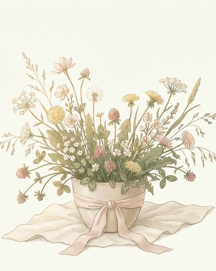 The Full Meadow — An abundant arrangement of wildflowers, clover, dandelion, and tender grasses — the feast-size gesture for a truly special afternoon.