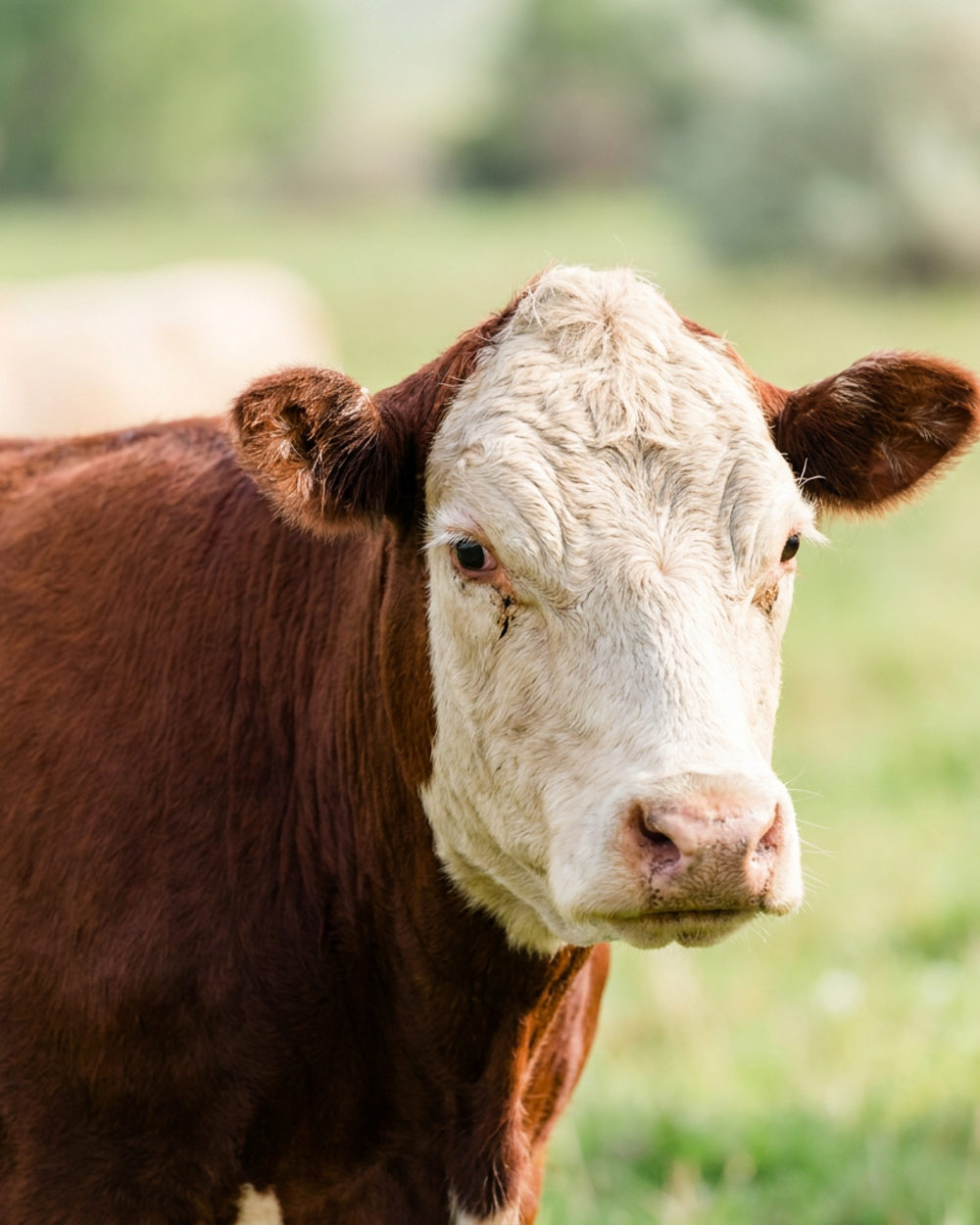 Portrait of Colonel Mustard, a Hereford cow — deep red coat, white face, weathered dignity.